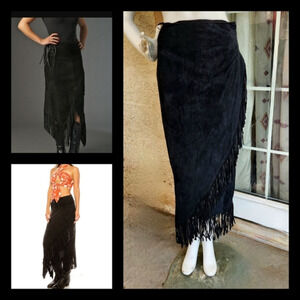 SPRING WEST WRAP REAL LEATHER 80s‎ 90s fringe hem midi pencil skirt WESTERN